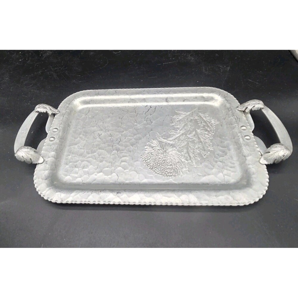 Vintage Continental Hand Wrought Aluminum Serving Tray  Chrysanthemum Handles